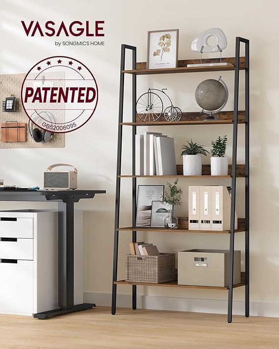 5-Tier Industrial Ladder Shelf Bookcase Freestanding Rustic Brown Metal Frame
