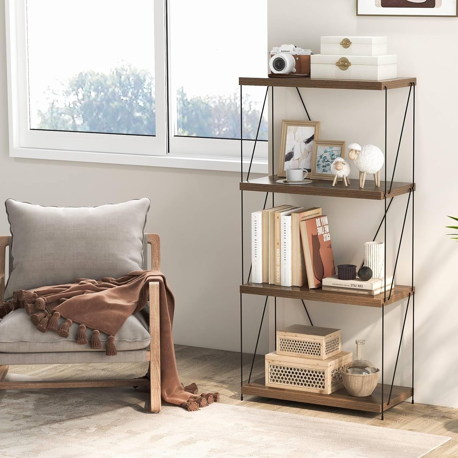 4-Tier Industrial Bookshelf Metal Frame Rustic Wood Storage Display Unit