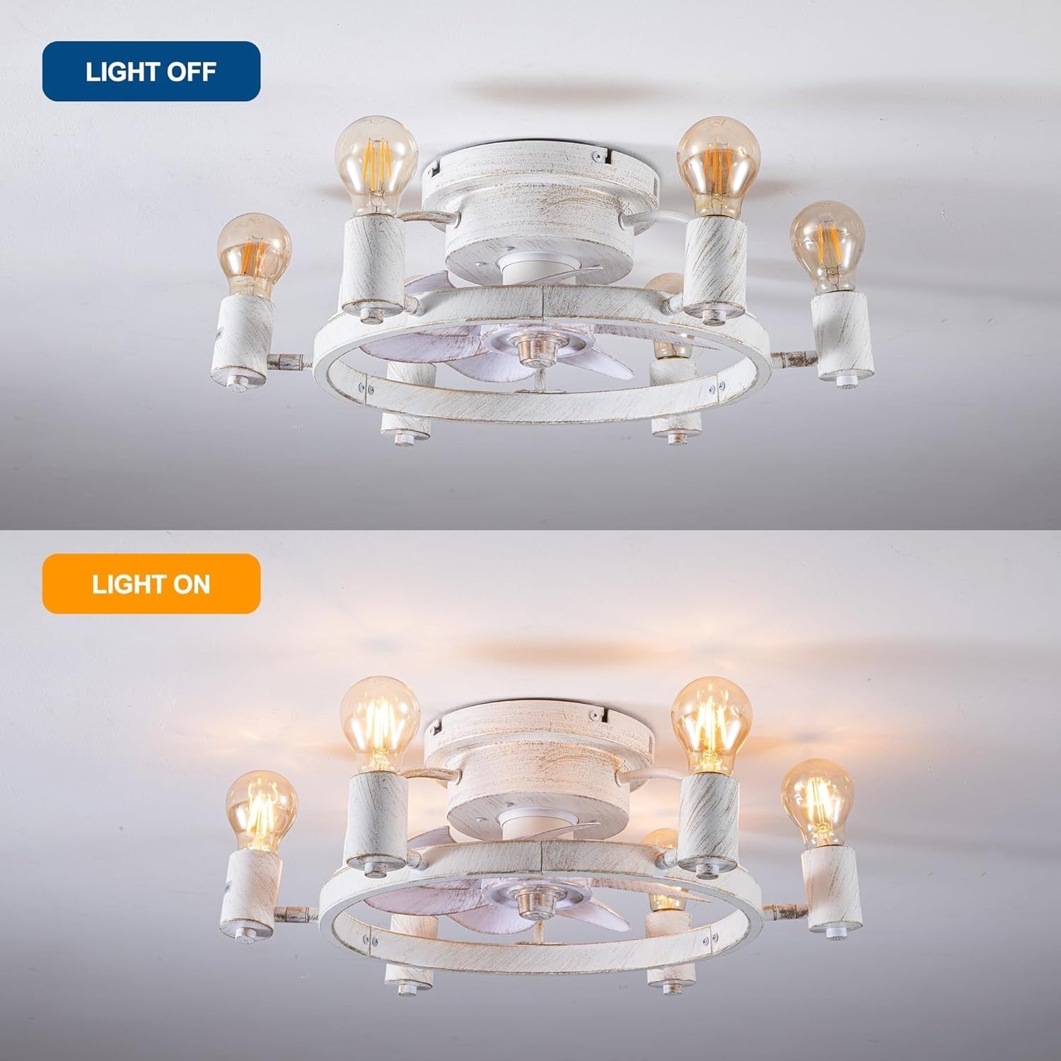 52CM Ceiling Fan Light, 6 Lights, Remote, Flush Mount Industrial Design, White