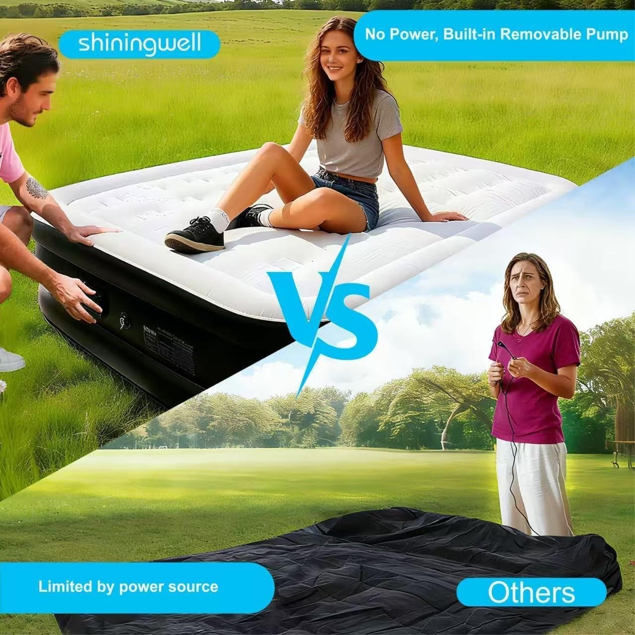 Double Air Mattress with Built-In Pump, Flocked Surface & Carry Bag