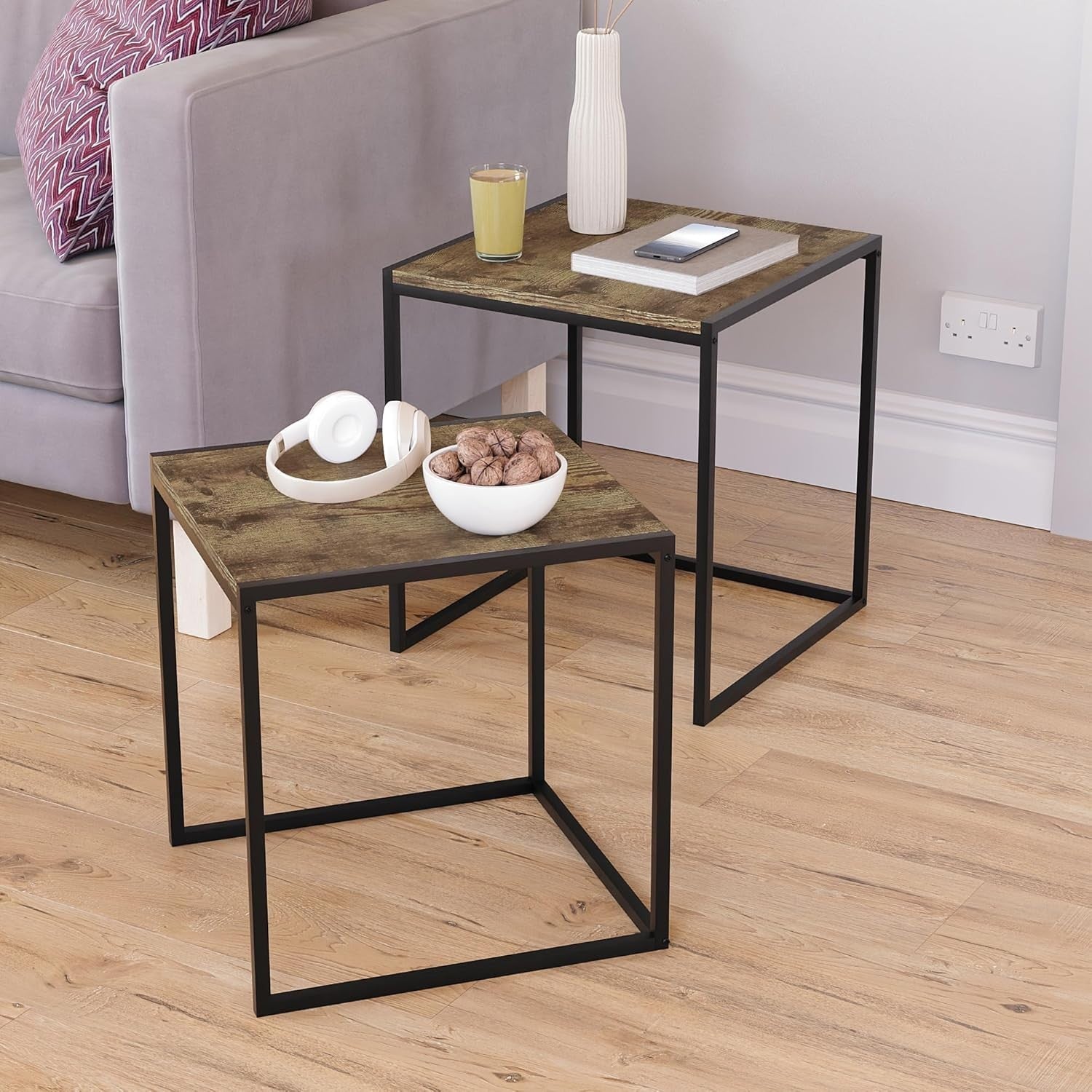 2x Industrial Dark Wood Metal Nesting Tables Set Side End Coffee Self Assembly