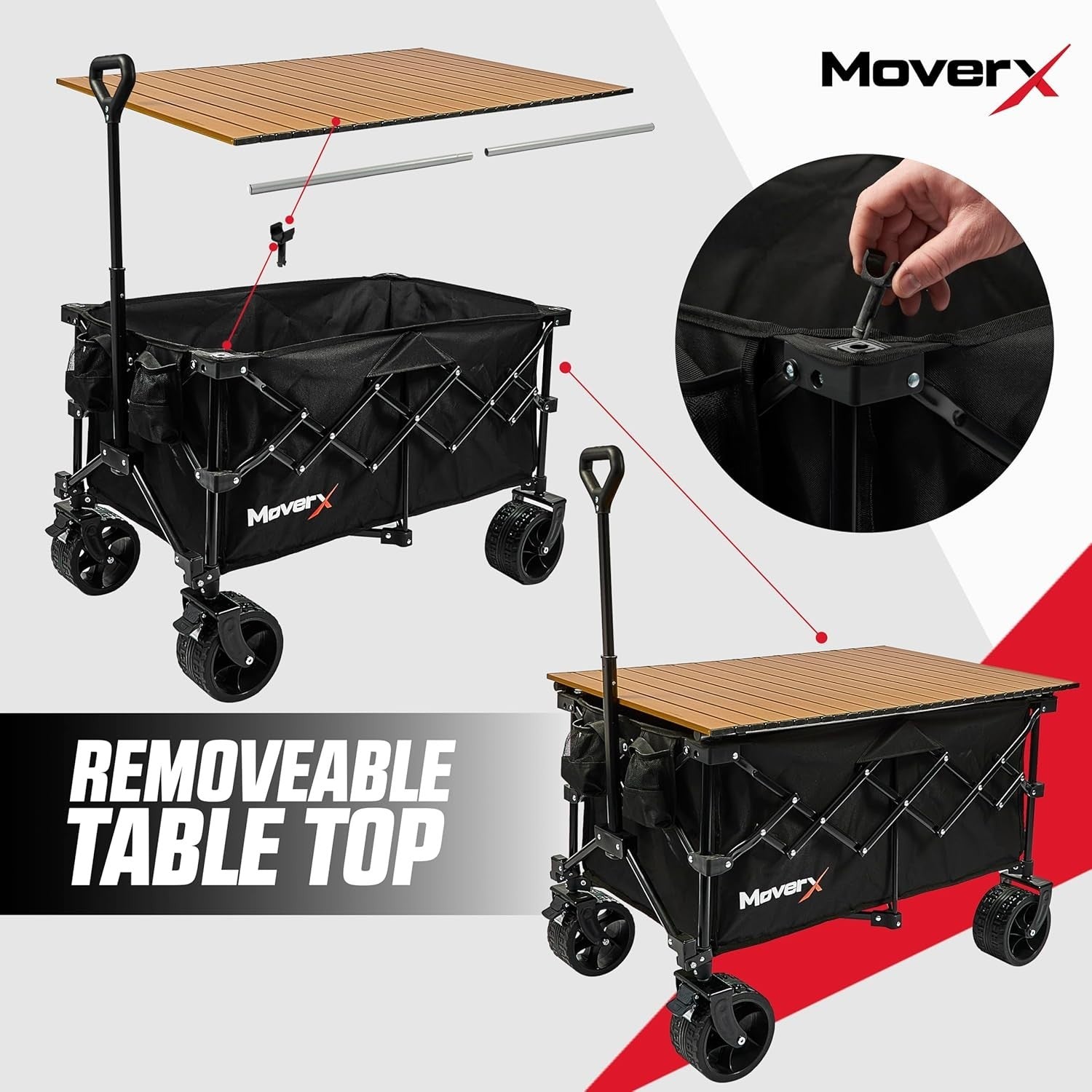 Black 200L Folding Camping Wagon with Table Festival Trolley Wide Wheel Cart
