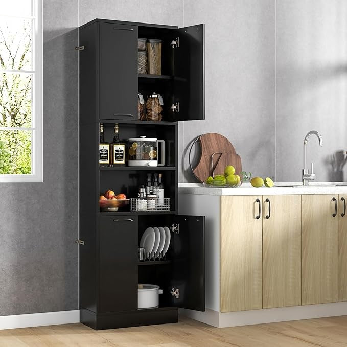 Tall Kitchen Cupboard Pantry Storage Cabinet 4 Door Shelves Freestanding Black M