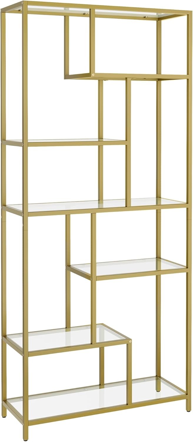 6-Tier Gold Glass Bookcase | Modern Display Shelf Unit for Living Room Office