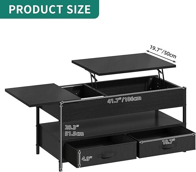 Height Adjustable Coffee Table with Storage Drawers & LED Lights Black
