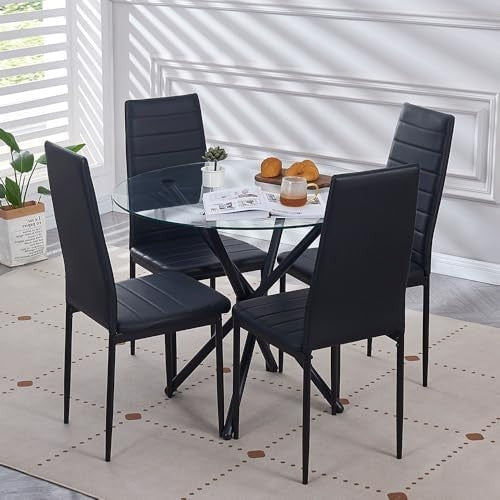 Round Glass Dining Table Set 4 Seater 90cm Black Faux Leather Chairs