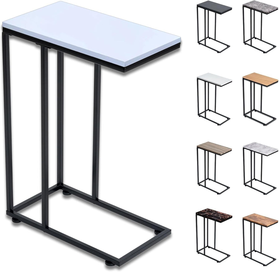 C Shaped Side Table, White Coffee & Laptop Table for Sofa, Space Saving