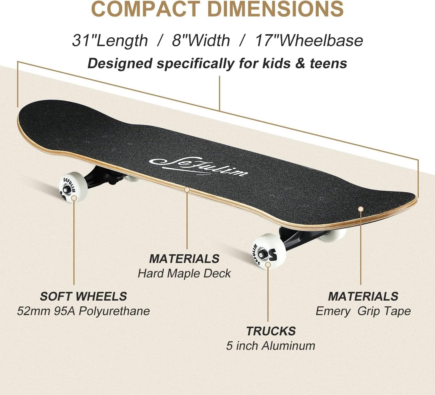 31in Maple Skateboard Complete Double Kick Trick Cruiser Deck