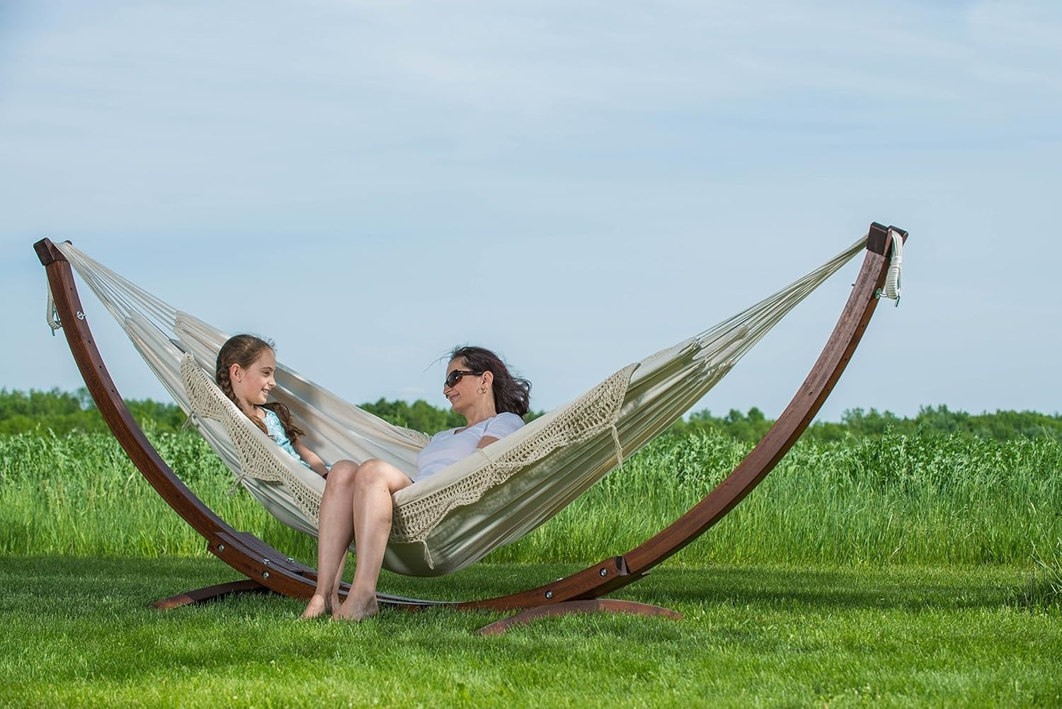 Natural Double Cotton Hammock with Solid Pine Arc Stand | 2 Person 450lb | 254cm
