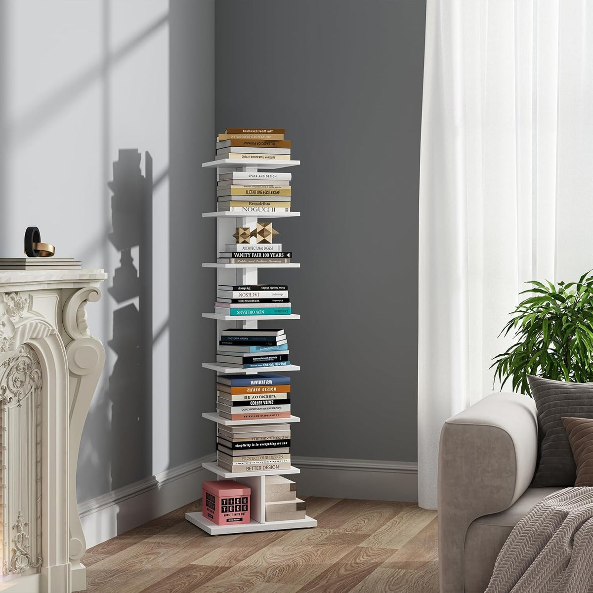 8 Tier Vertical Spine Bookshelf Narrow Standing Bookcase White