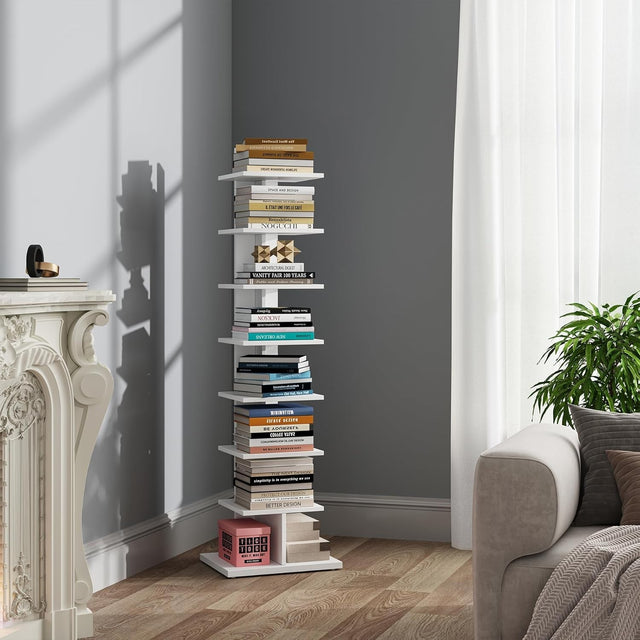 8 Tier Vertical Spine Bookshelf Narrow Standing Bookcase White
