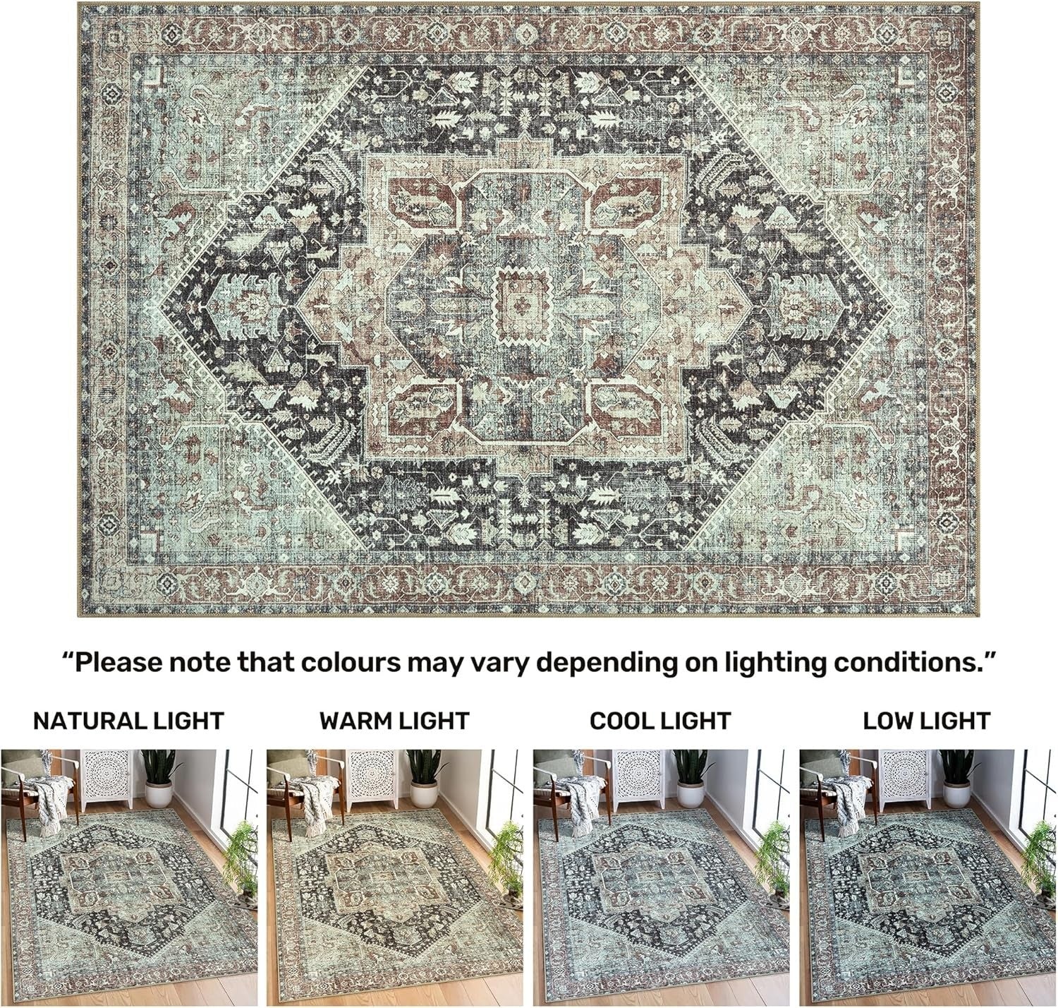 Washable Runner Rug 60x180cm Non-Slip Short Pile Charcoal Light Sienna Hallway