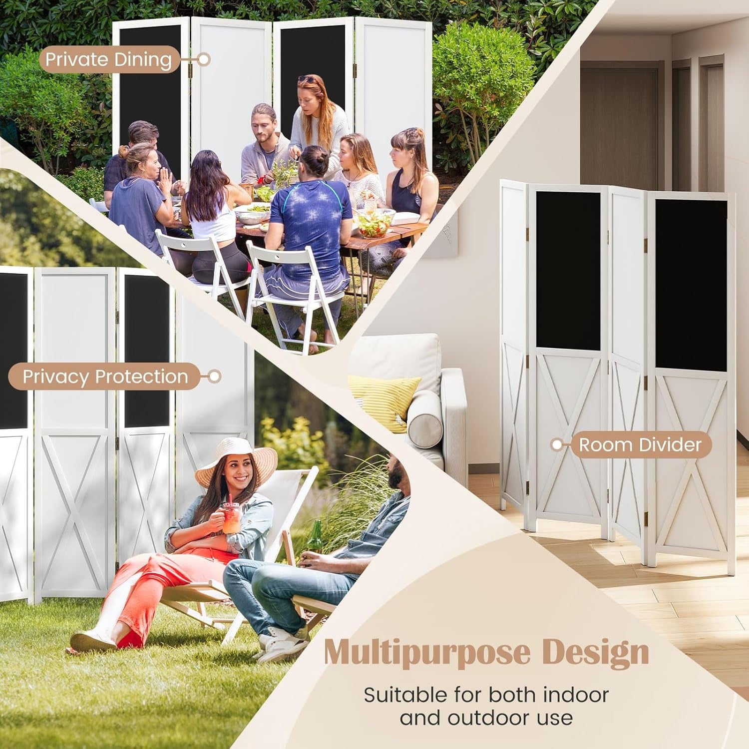4 Panel White Folding Room Divider with Blackboard & Whiteboard 160x170cm