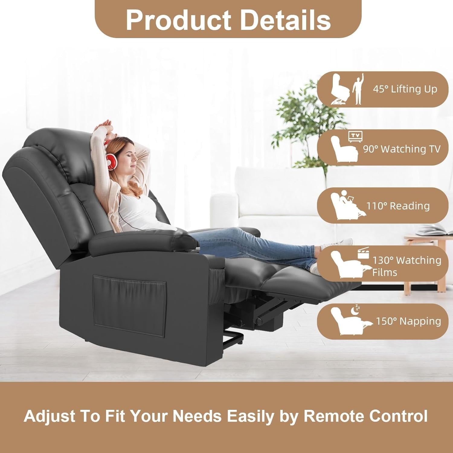 Power Lift Recliner Chair Massage Heat USB Ports Cup Holders Fabric Black