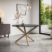 120cm Round Black Glass Dining Table with Solid Oak Legs 4–6 Seater Table