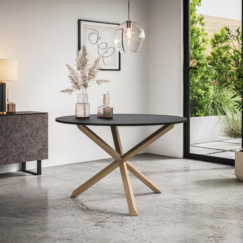 120cm Round Black Glass Dining Table with Solid Oak Legs 4–6 Seater Table