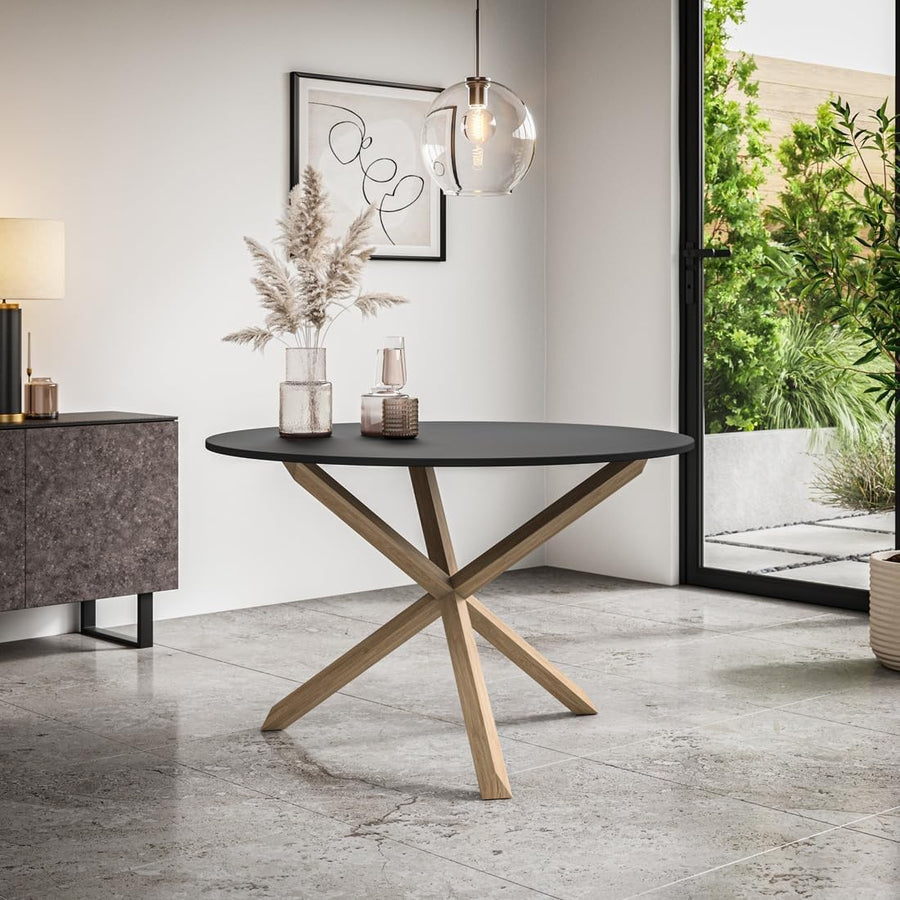 120cm Round Black Glass Dining Table with Solid Oak Legs 4–6 Seater Table