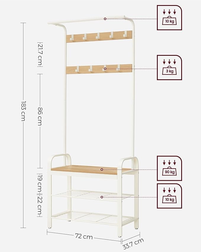 Oak & Cream Coat Rack with Shoe Bench | 4-in-1 Hallway Storage Unit with 9 Hooks