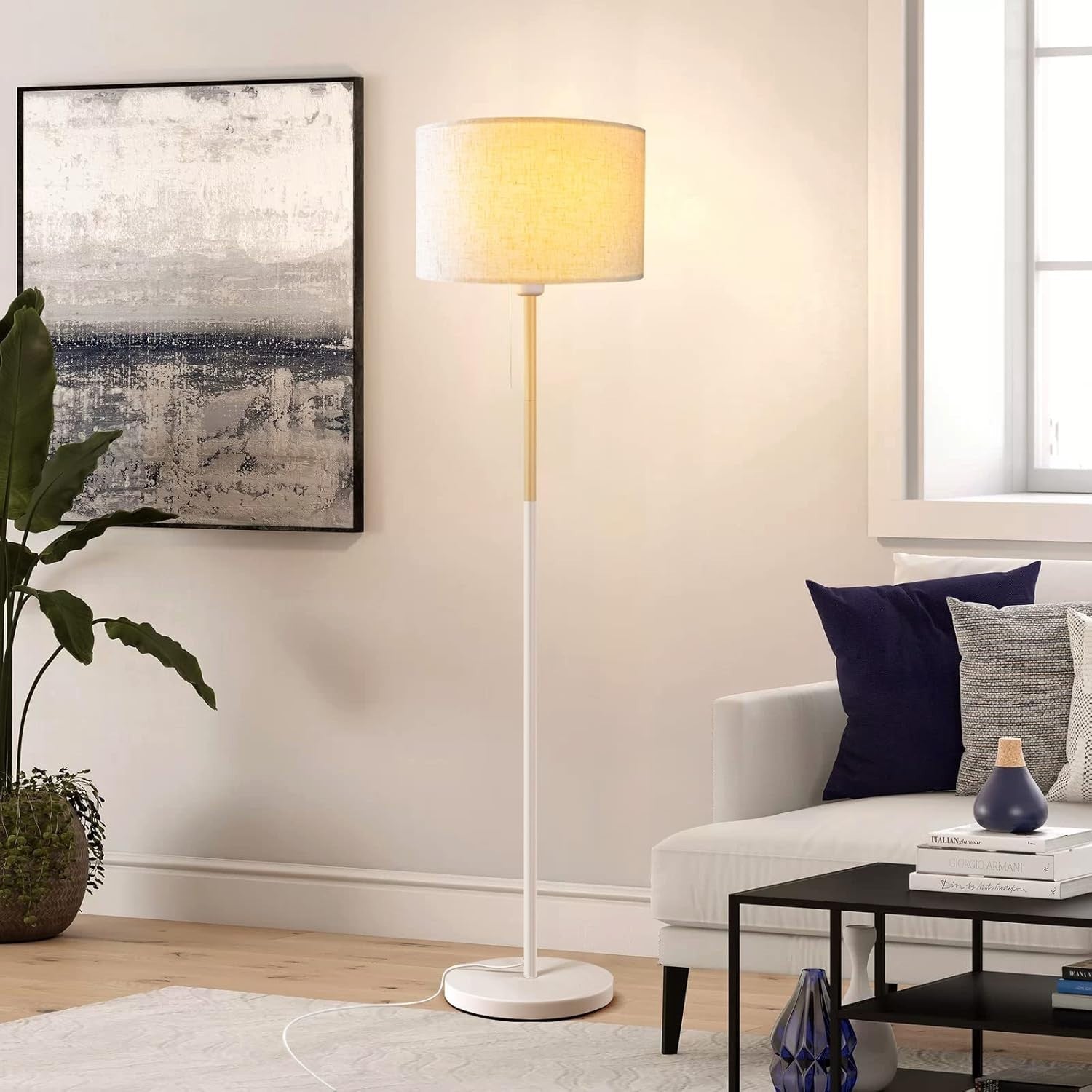Farmhouse Floor Lamp White Linen Shade Tall Standing Reading Light LED