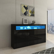 High Gloss Sideboard Cabinet with LED Lights, 3 Doors & Drawers, Modern Black