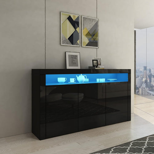 High Gloss Sideboard Cabinet with LED Lights, 3 Doors & Drawers, Modern Black