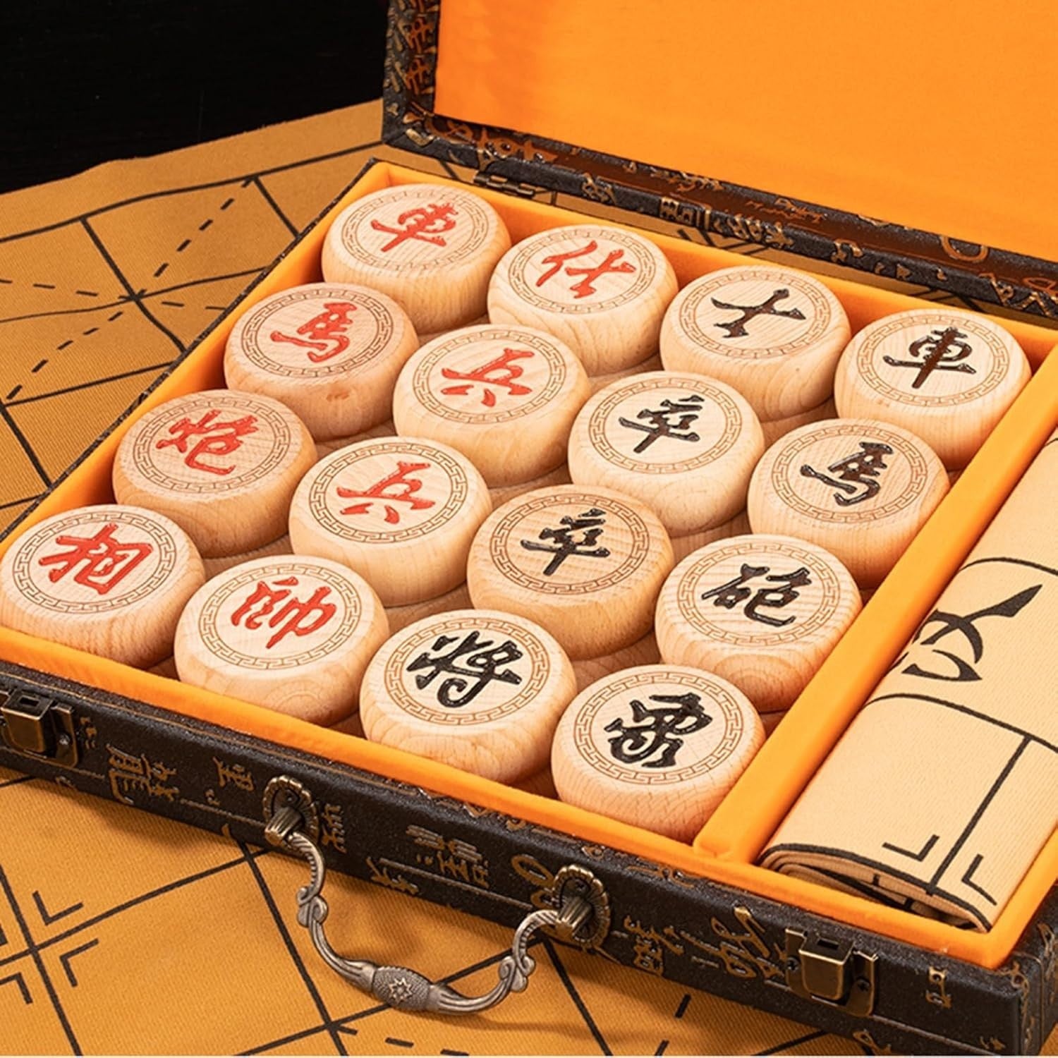 Large Beechwood Xiangqi Chinese Chess Set Leather Board 5.8cm