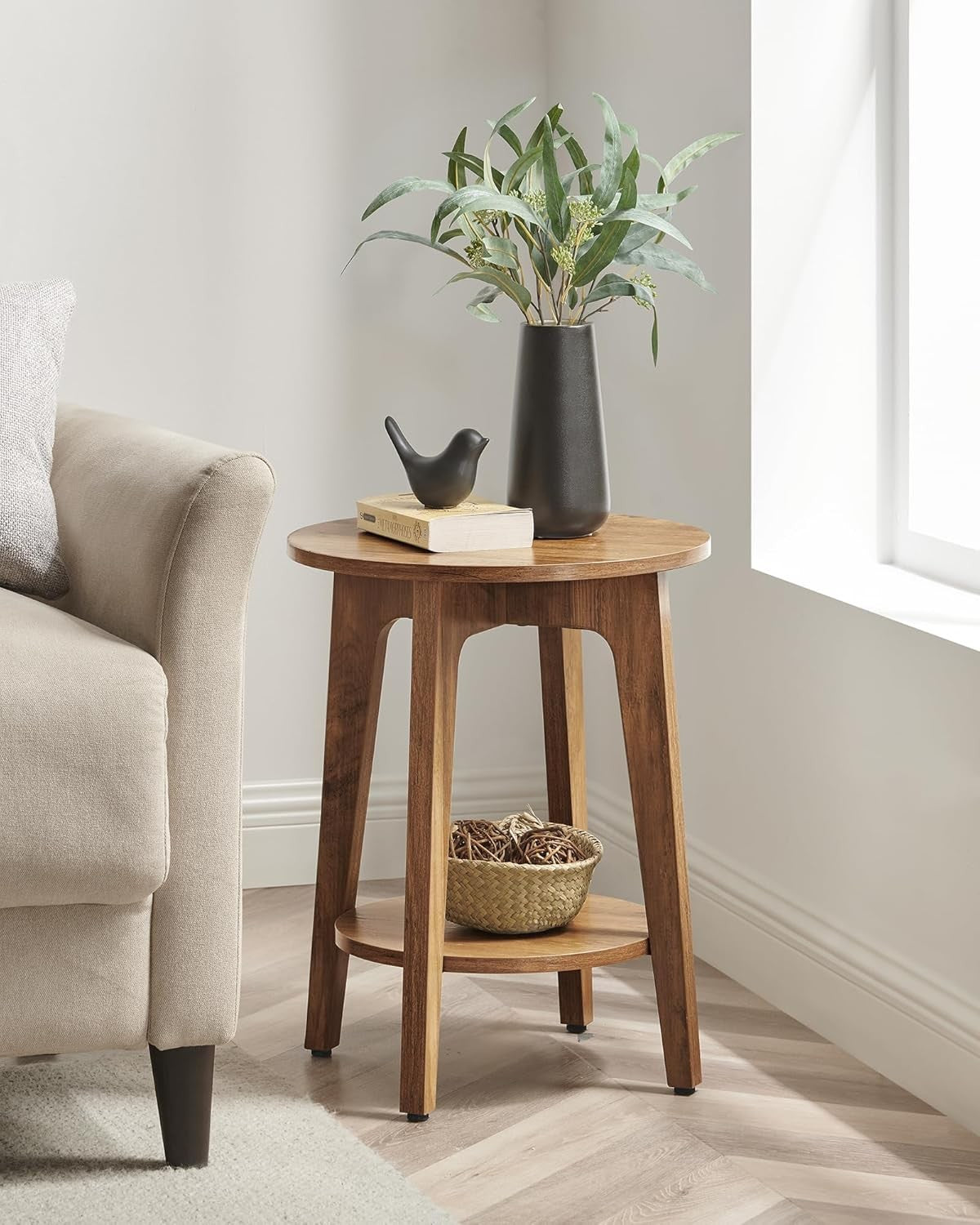 Rustic Round Side Table with Shelf, Small Bedside End Table for Living Rooms
