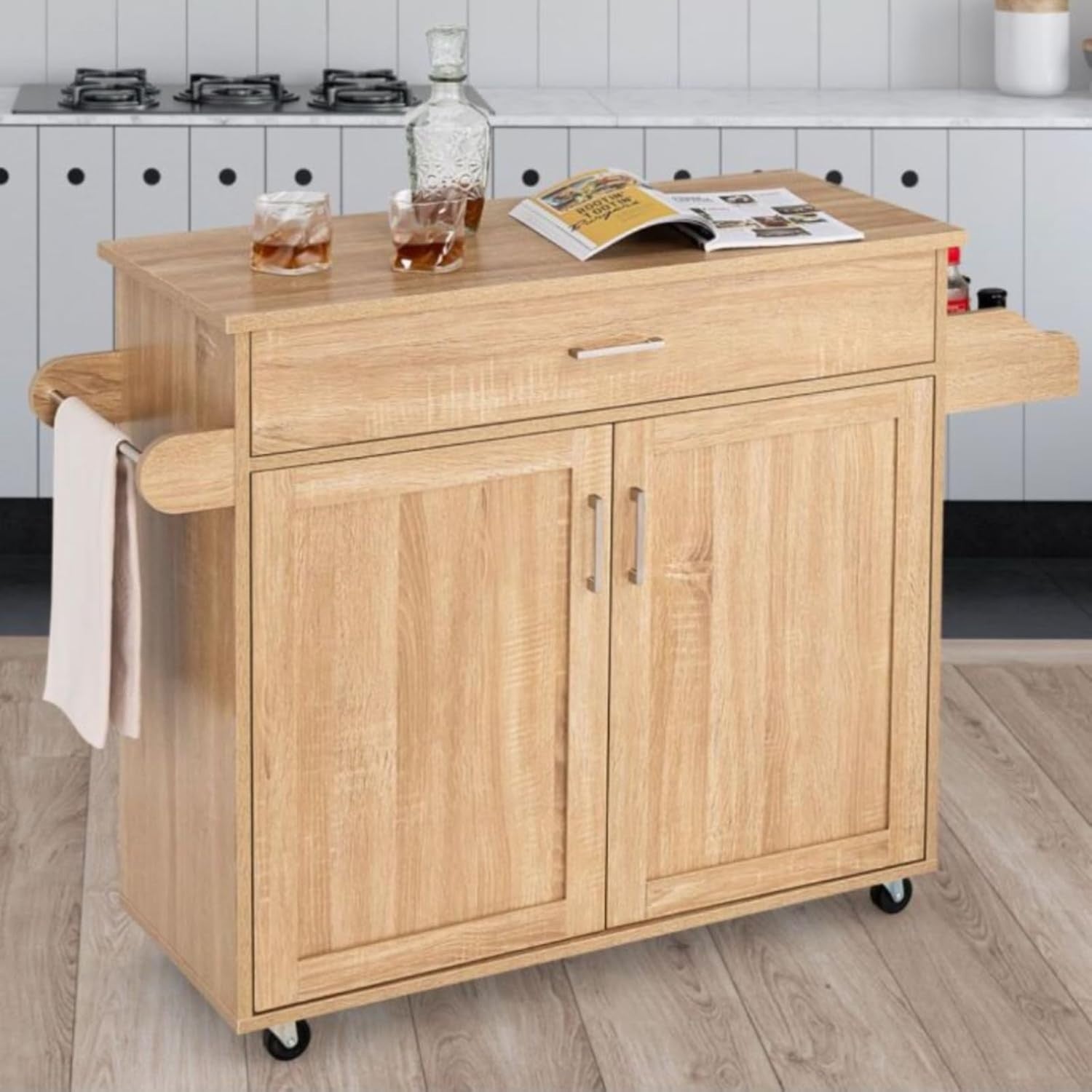 Kitchen Island Cart with Drawer, Adjustable Shelf & Towel Rack, Natural 40x116x8