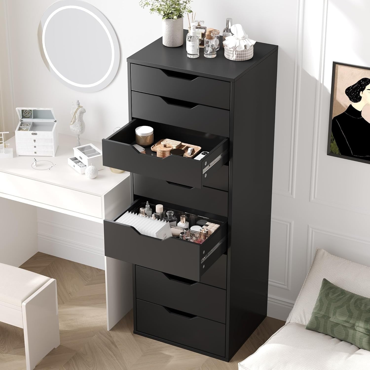 Tall Black 9 Drawer Chest Storage Cabinet Dresser Unit 124x45x40cm Modern