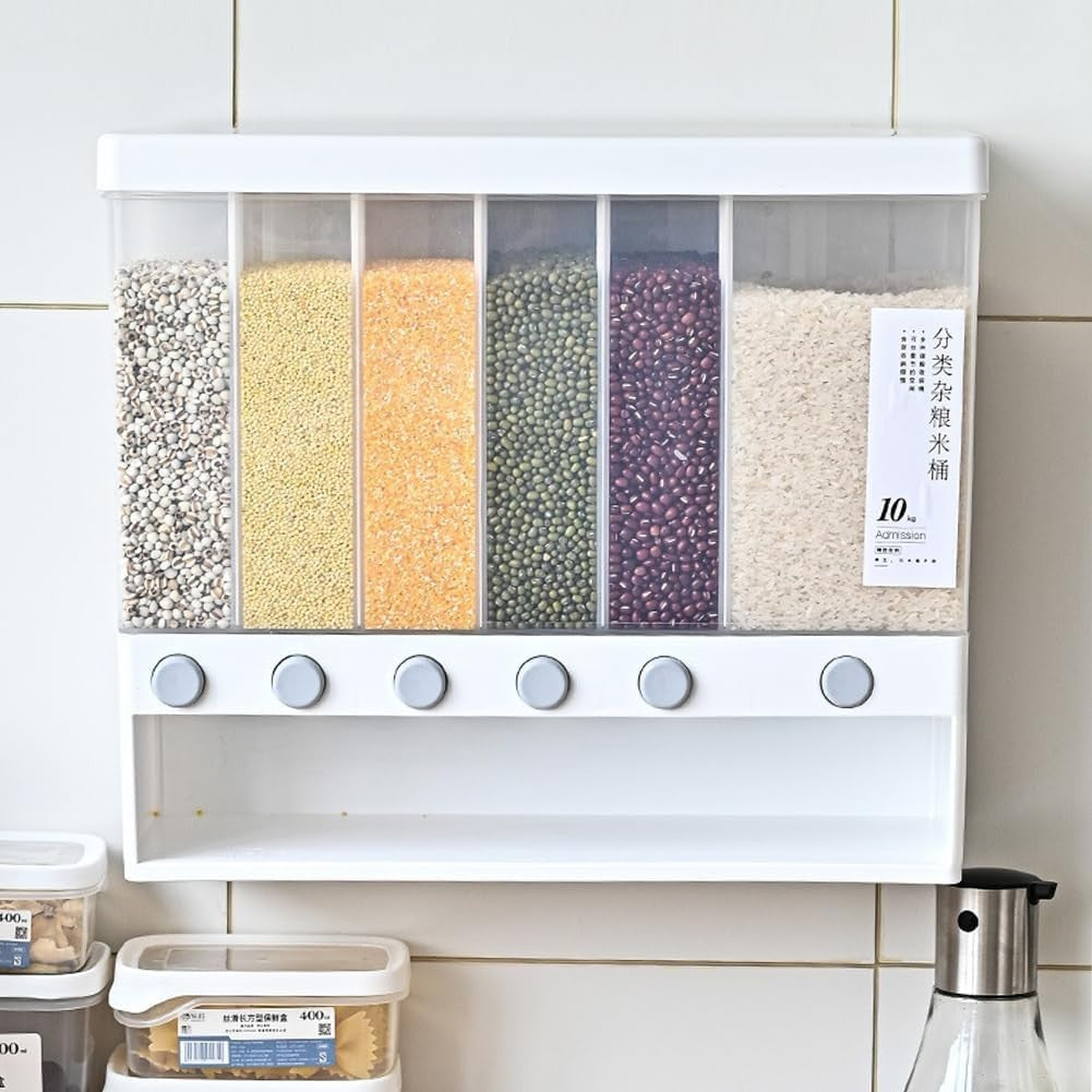 6 in 1 Wall Mounted Rice Dispenser 10KG Airtight Grain Storage Bin