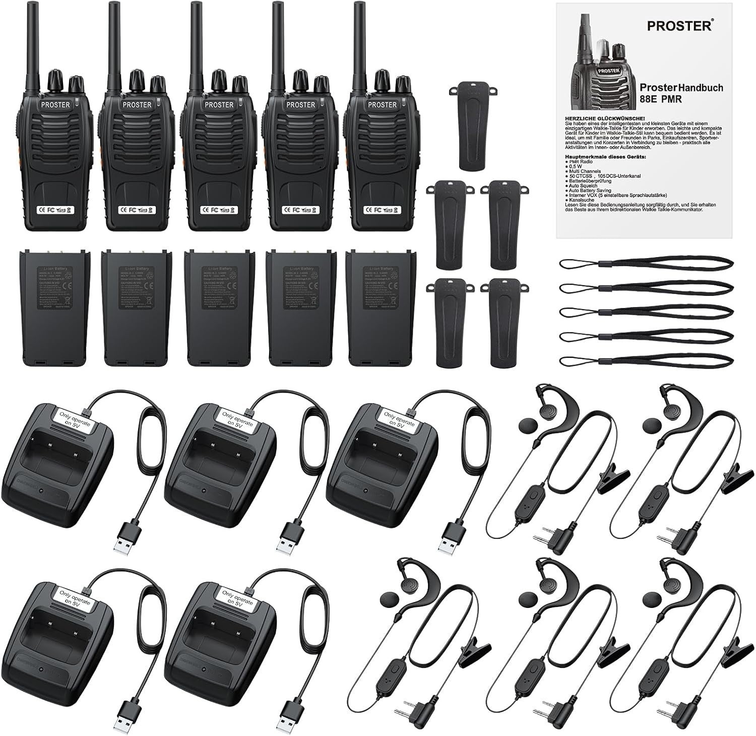 Walkie Talkies 5 Pack Long Range Rechargeable VOX PMR446 Radio Set