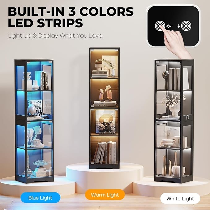 Tall LED Glass Display Cabinet with Doors & Motion Sensor Modern Showcase Unit