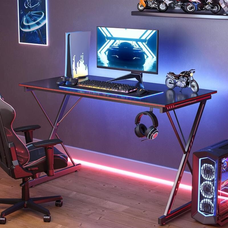 Gaming Desk 120cm with Carbon Fibre Top & Hook – X-Shape PC Gamer Table