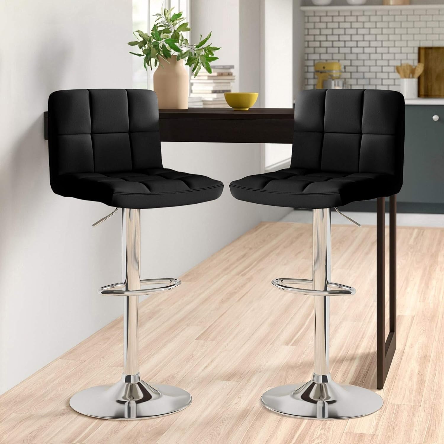 Adjustable Swivel Bar Stools Set of 2 | Black Faux Leather Chrome