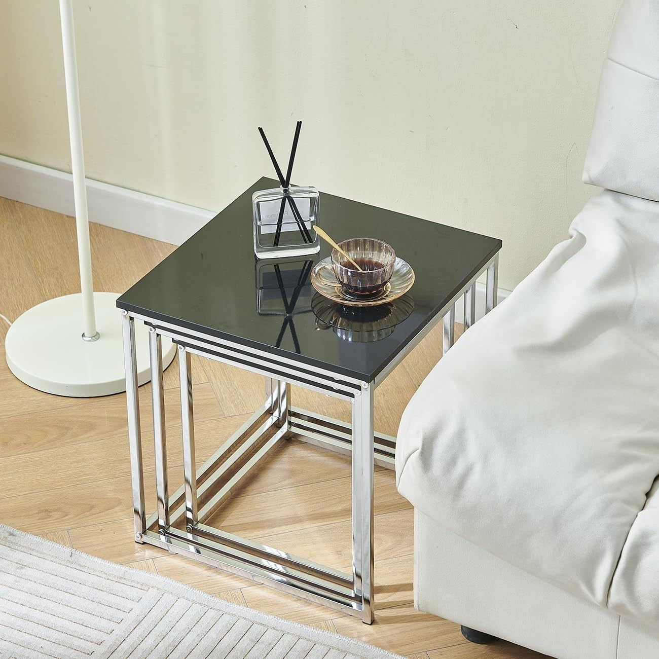 Nested Side Tables Black Marble Metal Frame 3-Piece Set End Lamp Square Space Sa