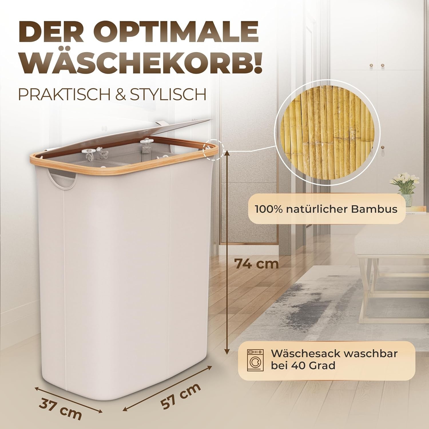 150L Foldable Laundry Hamper Bamboo Lid 2 Compartments Large Beige Basket