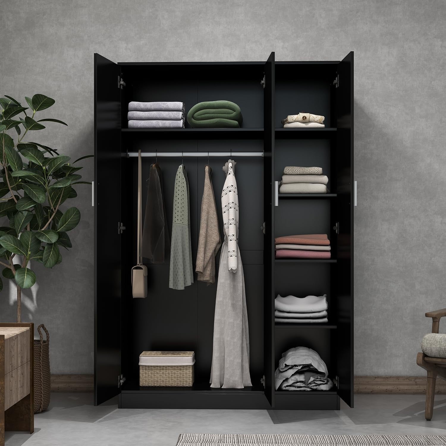 3-Door Mirrored Wardrobe with 6 Storage Compartments & Hanging Rail, Black