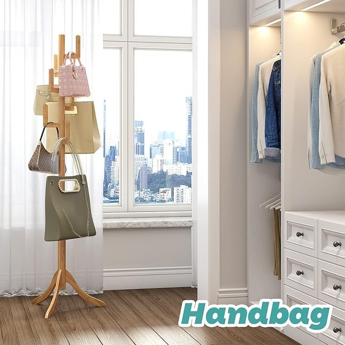Natural Bamboo Coat Rack Freestanding 6 Hooks | Adjustable Wooden Hall Tree Stan