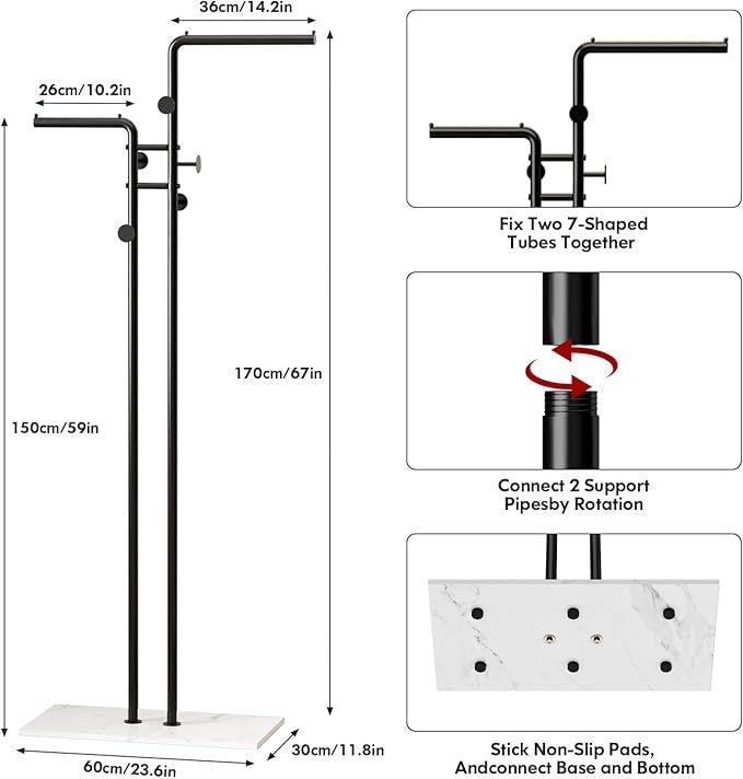 Black Metal Coat Rack with Marble Base 170cm Tall Clothes Organizer Stand