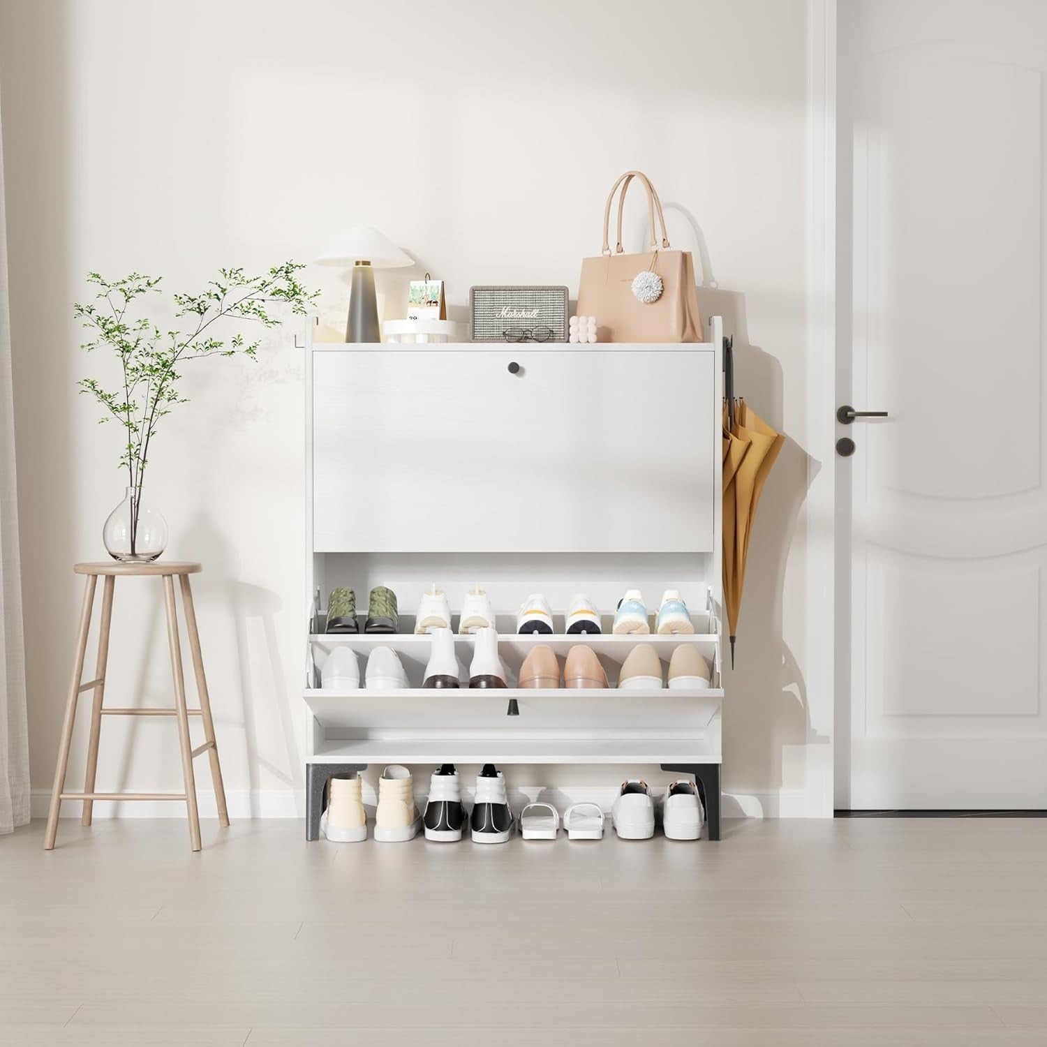 Modern White Shoe Cabinet with Flip Drawers & Adjustable Dividers 80x24x100cm