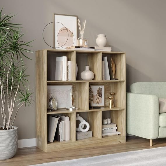 8 Cube Oak Bookcase Storage Unit – Modern Asymmetrical Shelving for Living Room