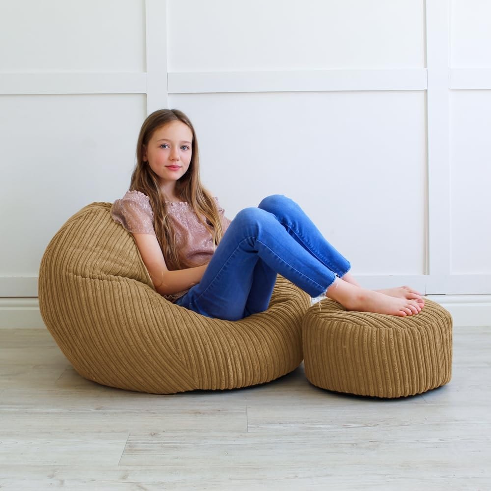 Kids Cord Bean Bag Chair - Soft Mini Slouch Seat, Caramel, Washable, 60x80cm