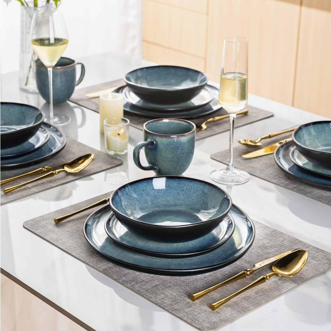 12pc Stoneware Dinnerware Set Reactive Blue Plates Bowls Dishwasher Safe