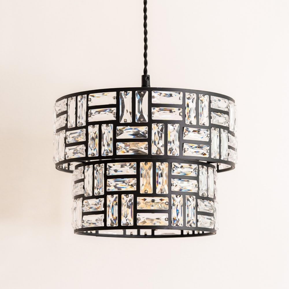 Black Drum Ceiling Lamp Shades Pair Acrylic Jewel Tiered Easy Fit 27cm