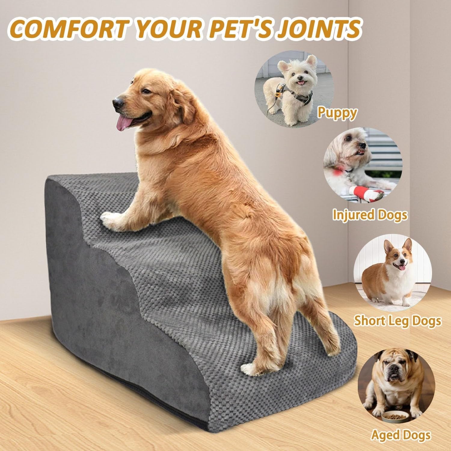 3 Step Dog Stairs for Bed Non Slip Pet Ramp 56x40x35cm
