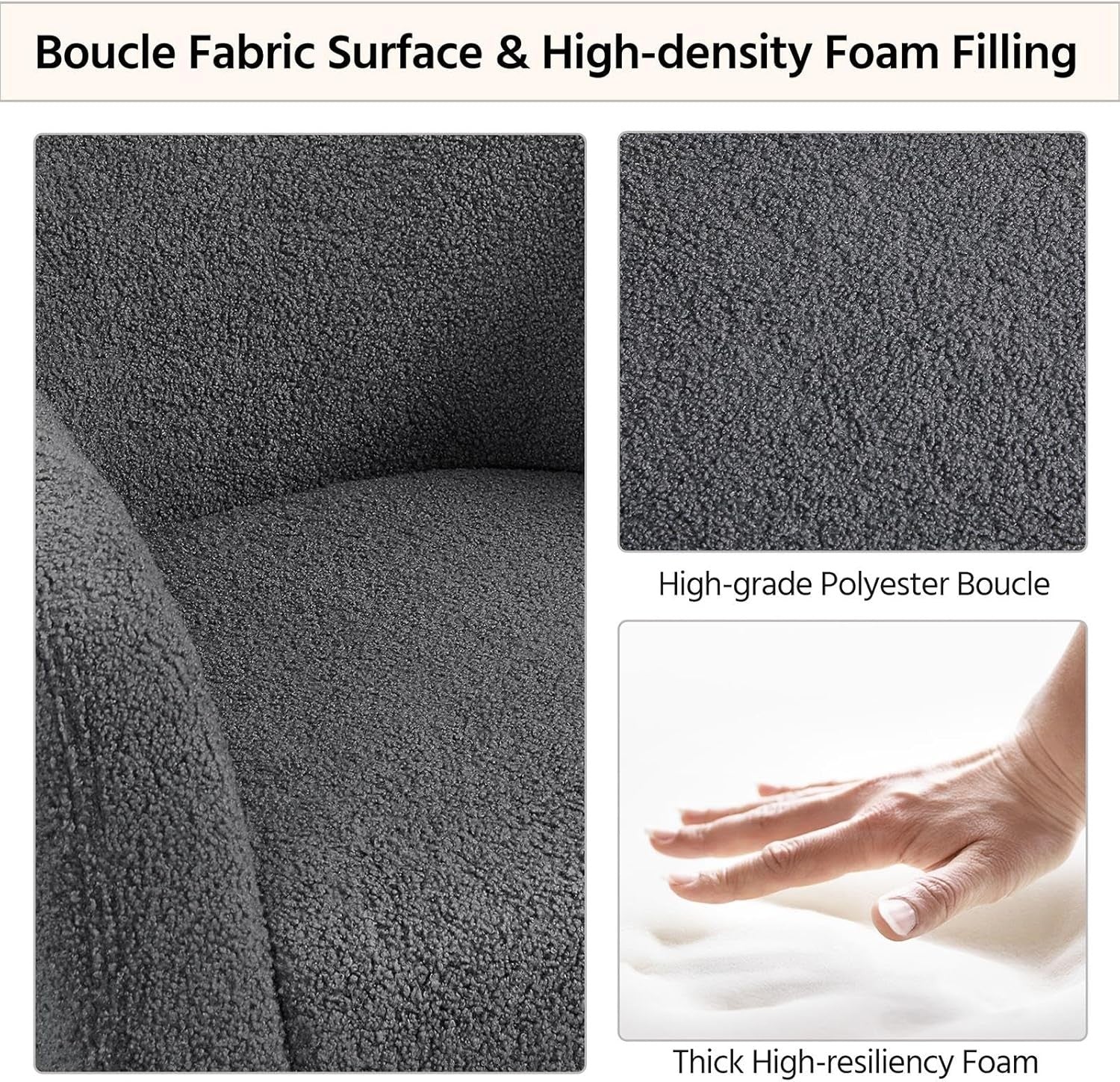 Dark Grey Boucle Tub Chair Adjustable Headrest Gold Legs