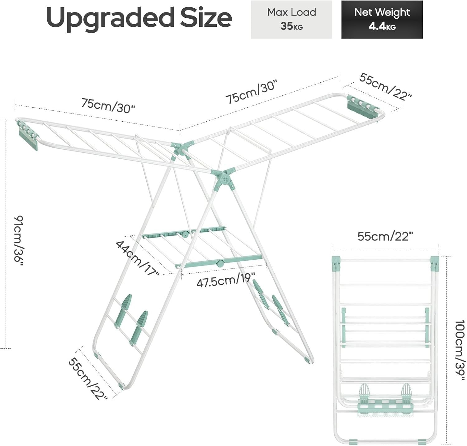 Foldable Clothes Airer Large Drying Rack Height Adjustable Wings Indoor