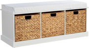 White Shoe Bench with Cushion & 3 Basket Drawers Hallway Storage 110x40x46cm