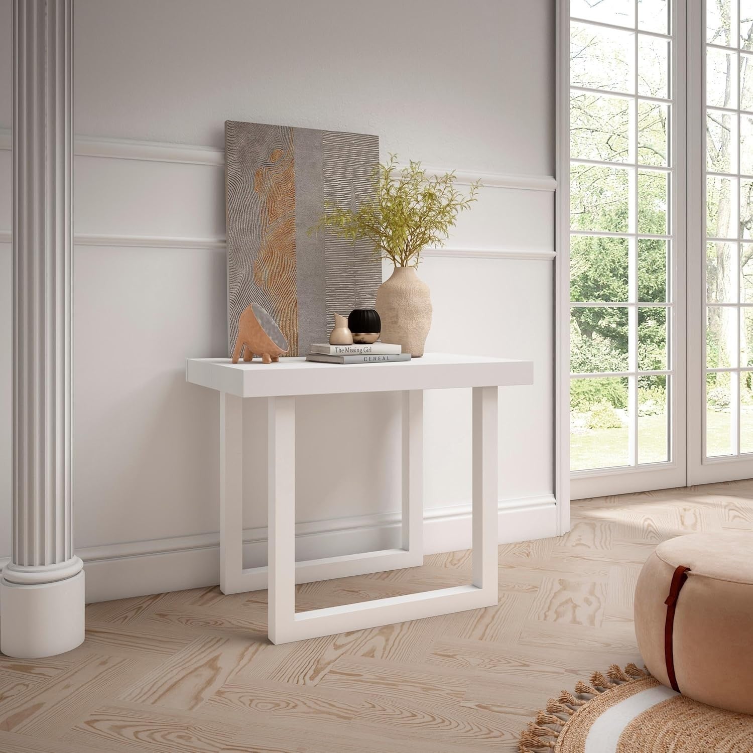 Extendable Folding Dining Table for 8, White Wood, Solid Legs, Modern