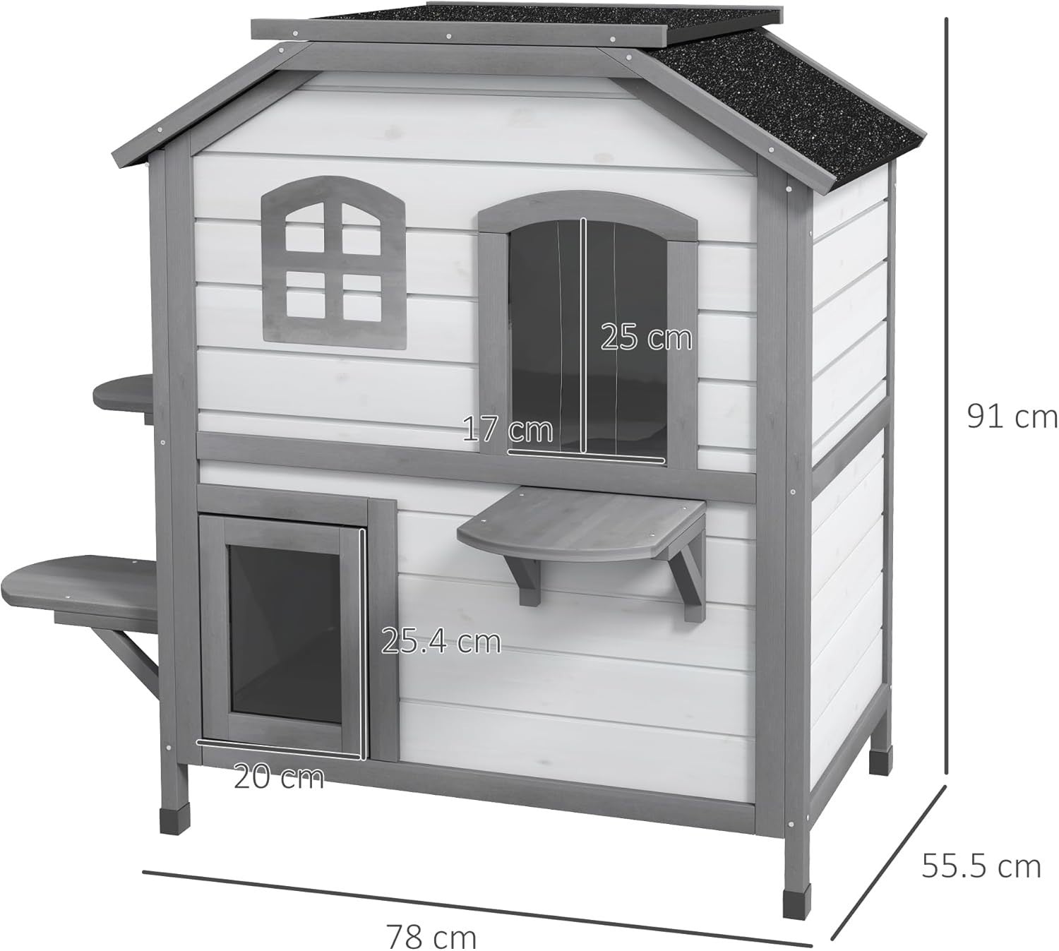 Weatherproof 2-Story Outdoor Wooden Cat House with Escape Door 91x78x55.5cm